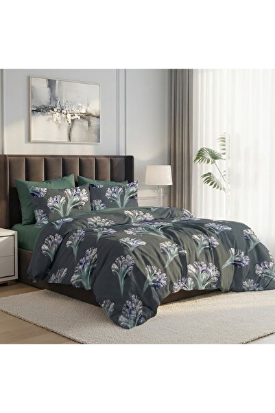 Pucioasa Lenjerie de pat dublu finet 6 piese, Gri cu flori