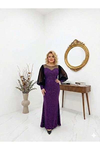 Donna Miranda Pırıltılı, Pliseli Balon Kol Abiye Elbise