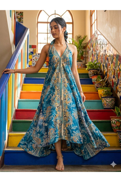 elite aura collectıon “Etnik Şıklık Bohem Turkuaz Maxi Elbise”