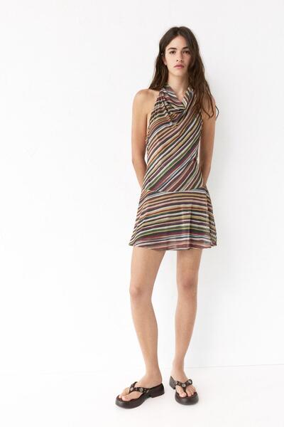 Pull & Bear Kısa halter çizgili elbise