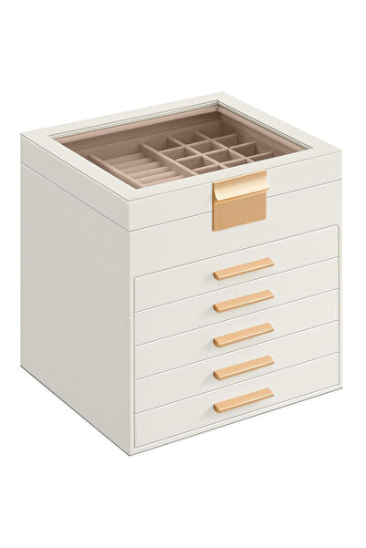 SONGMICS Jewelry Box with 6 Levels, 45 Compartments, Glass Lid, 20x23x23cm, W...