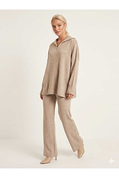 ht fashion Bej Set - Gündelik Zarif Palazzo Fermuarlı