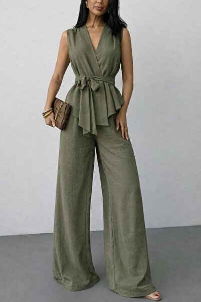 evora studio Ayrobin Keten Kumaş Kuşaklı Yelek Pantolon Takım – Salaş Şık Kad...