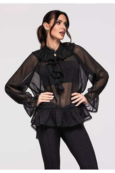 OMBRE Women's Elegant Ruffle Blouse OW-TS-E0005 Black