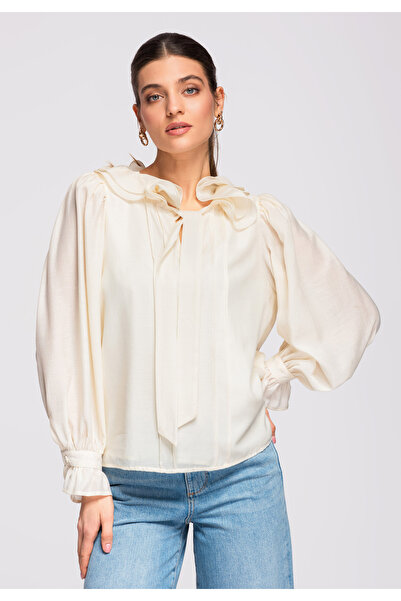 OMBRE Women's Elegant Blouse OW-TS-E0031 Decorative Ruffles Beige