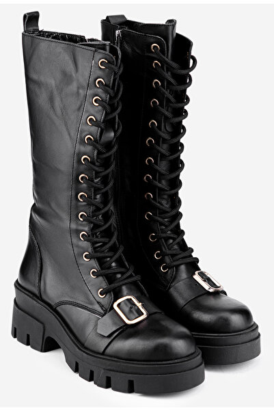 Dasha Women's high black Leather boots with buckle detail