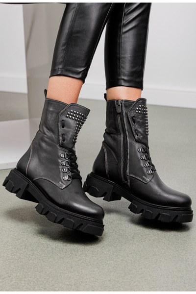 Dasha Dark gray Leather high boots for women with studded details