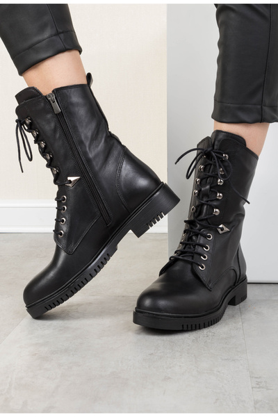 Dasha Ghete dama inalte negre din piele naturala cu siret Ania