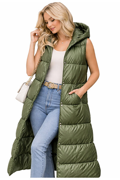 Nobrand Women's long green quilted Vest with Hooded and oversized cut
