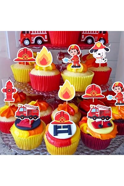 Genel Markalar 24'lü İtfaiye Aracı Cupcake Kürdan Süsü Fireman Parti Dekoru