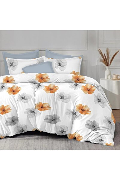 Pucioasa Lenjerie de pat cu elastic din finet, 6 piese, Flori portocalii și gri