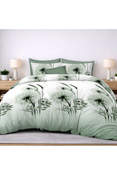 Pucioasa Lenjerie de pat cu elastic din finet, 6 piese, Verde cu papadii