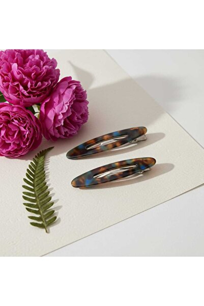 Daily Bazaar Σετ 2 οβάλ κουμπωτών κλιπ με μπλε-καφέ σχέδιο