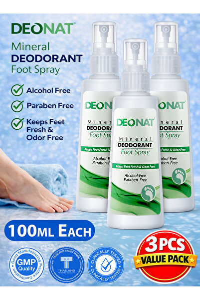 DEONAT 3 عبوات من مزيل العرق الطبيعي المعدني للقدمين 100 مل، يزيل البكتيريا ا...