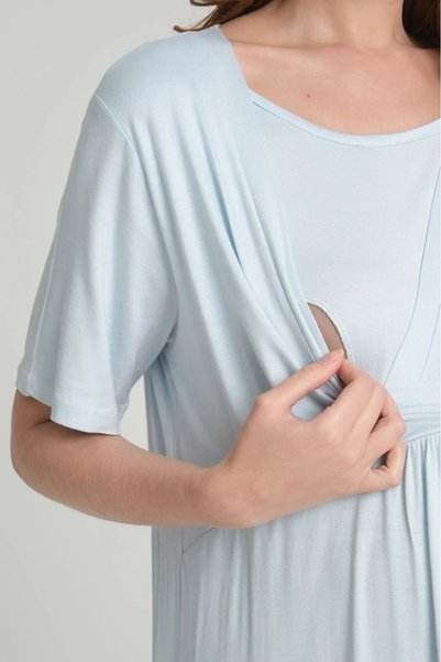 Lohusa Homewear New Season Blue Maternity Summer Full Length 100% Cotton Double Breasted Short Sleeve Dressing Gown Nightgown Set