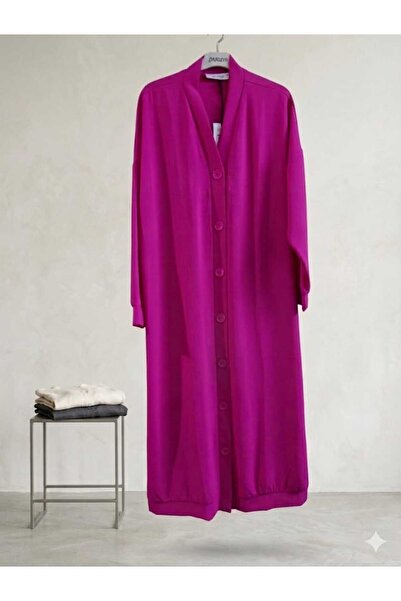 Puane Cardigan lung cu nasturi și guler înalt pentru femei, tunică FUCHIA