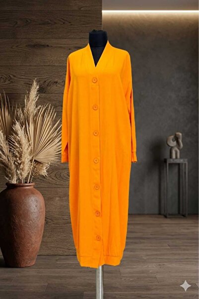 Puane سترة نسائية طويلة بياقة مربعة وأزرار كاملة الطول باللون البرتقالي