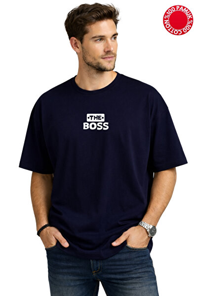 vbs vibes The Bos Printed Navy Blue Oversized T-Shirt - 100% Cotton