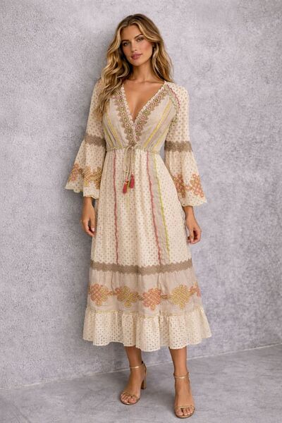 Generic Maxi Dress with Long Sleeves Embellished with Embroidery