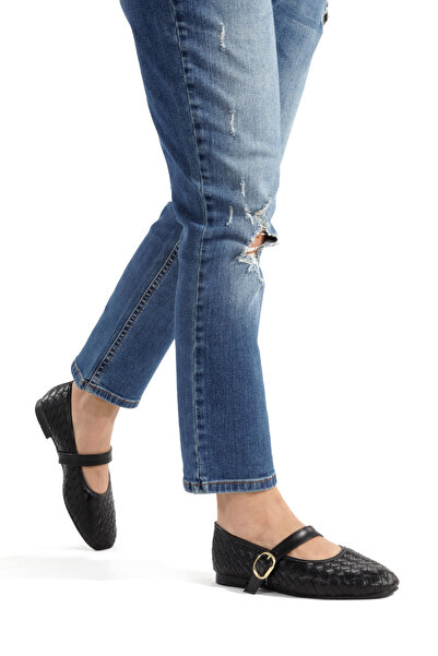 MİNNACE Black Leather Braided Helmeted Round Toe Orthopedic Closed Ballerinas...