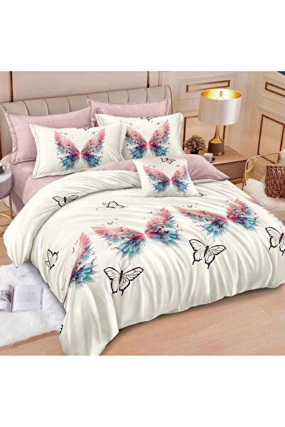CumparaMisim Double bed linen with ELASTIC, Finet, 6 pieces, Cream, Pink, but...