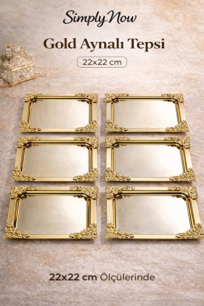 Simply Now Gold/Gümüş Aynalı Tepsi 22x22cm Şık Sunum & Söz Nişan Çikolata Kah...
