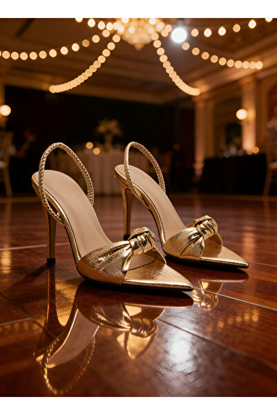 DC DONNA Women's Pointed Toe Knotted Back Elastic Heeled Sandals Zorin Gold