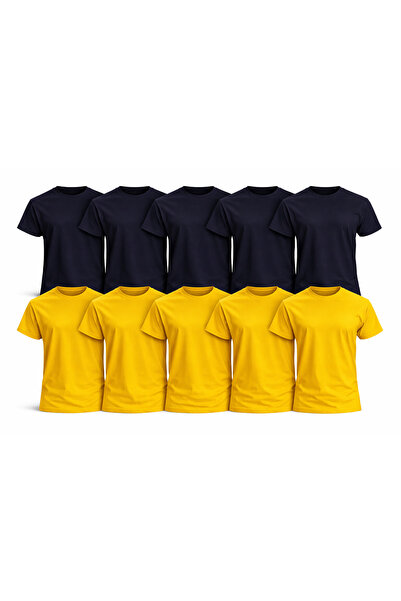 MONOTEE 100% Cotton T-Shirt, Set of 10 Navy Blue and Yellow Men's T-Shirts, S...