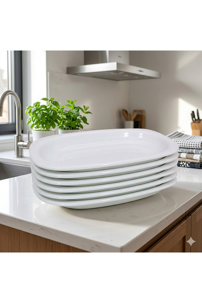 BİODATA 6 Piece Melamine Oval Boat Plate Set - 34X22Cm - White Sauce Bowl and...