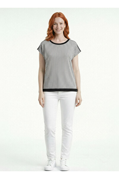 Neden Tekstil Women's Black and White Striped Short Sleeve T-Shirt