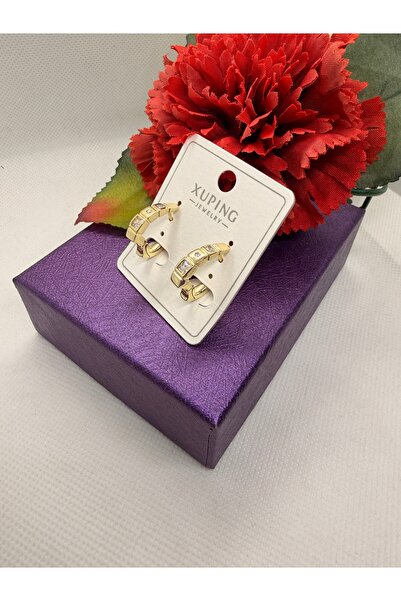 XUPING JEWELRY KUYUMCU SERİ 14K RENGİ ZİRKON TAŞLI KALP MODEL HALKA ÇELİK KÜPE