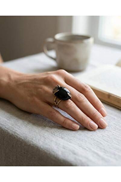 Dorvina خاتم نسائي من البرونز، مجوهرات عتيقة، حجر كريستال أسود، موديل بيضاوي،...