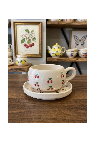 MUTLULUK KAPINDA El Yapımı Kiraz Desenli, 2 Parça Tek Kişilik Çay Fincanı Takımı