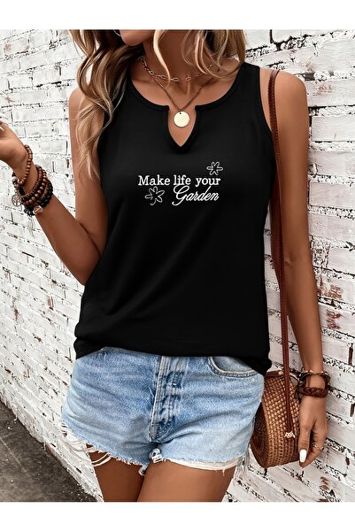 mercoledi Women's Black Printed Half V-Neck Sleeveless Regular Fit Casual T-S...