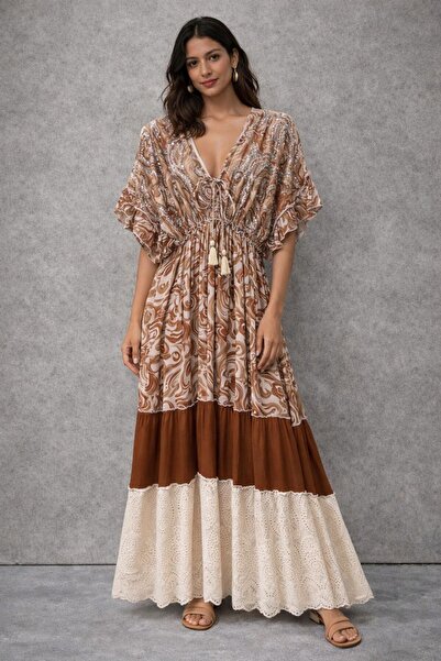 genernic Bohemian Style Maxi Dress with Short Sleeves