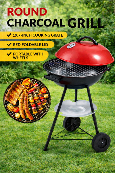 OEM Gratar pe carbuni cu capac si roti, otel, 40 cm, ventilatie reglabila, ra...