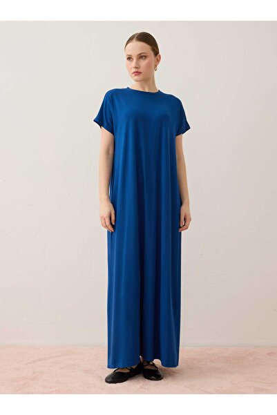 Benin Short Sleeve Viscose Hijab Dress - Navy Blue -