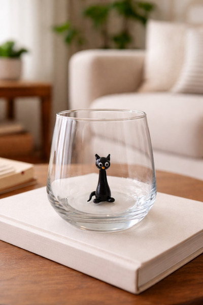 ADAMODART Black Sitting Cat Glass Figured Water Cup