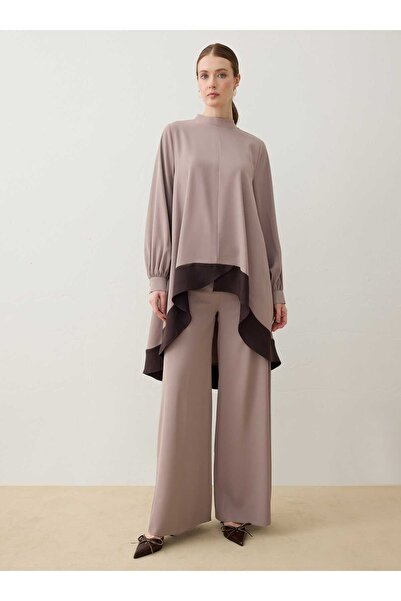 Refka Contrast Color Detailed Tunic Trouser Set - Beige - - Exclusive