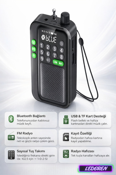 L'eDoren C9 Bluetooth Şarjlı Radyo USB & TF Kart Okuyucu Deprem Çantasına Uyg...