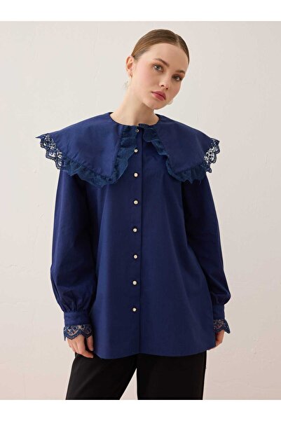 Benin Lace Detailed Bebeyakalı Poplin Tunic - Navy Blue - Refka