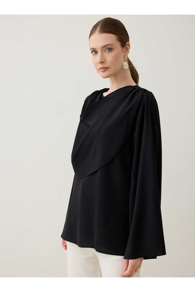Refka Crepe Fabric Degaje Collar Blouse / Shirt - Black -