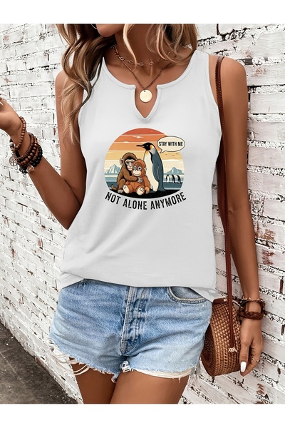 mercoledi Women's White Printed Half V-Neck Sleeveless Regular Fit Comfortabl...