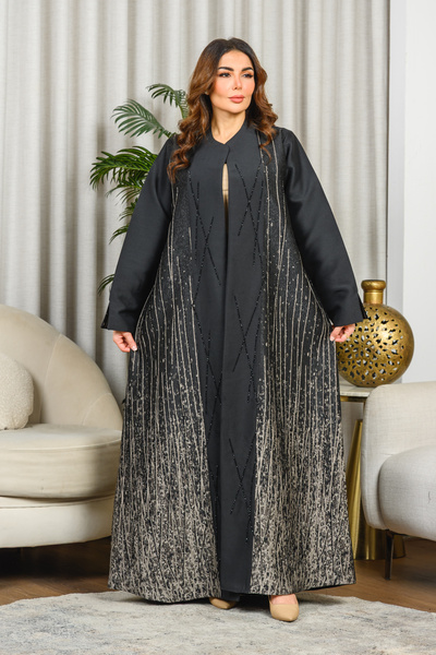 Nasnasa Abayat Taffeta Abaya with Side Fringes and Hand-Painted Design