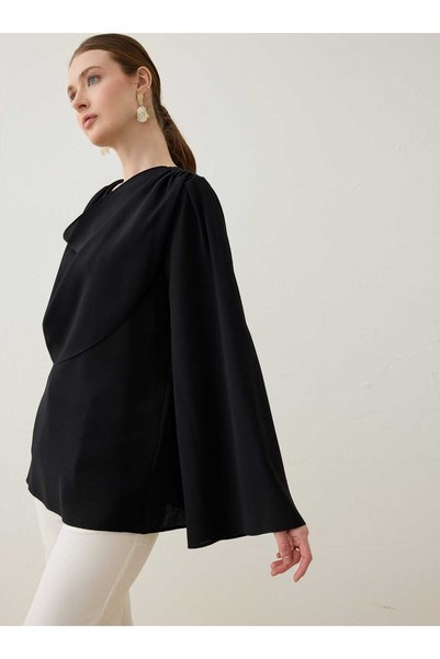 Refka Crepe Fabric Degaje Collar Blouse / Shirt - Black -
