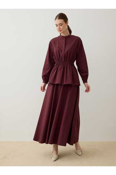 Refka Poplin Fabric Waist Gathered Tunic & Skirt Set - Burgundy -