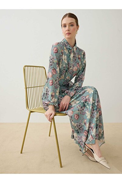 Refka Hijab Dress - Mint Floral Patterned -