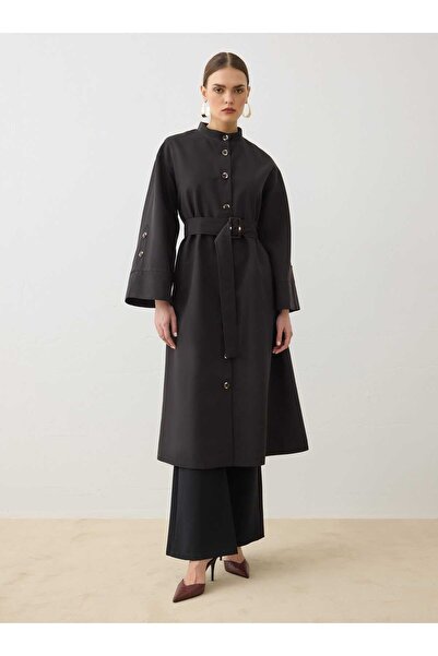 Refka Wide Sleeves, High Collar, Stylish Trench Coat - Black - - Exclusive