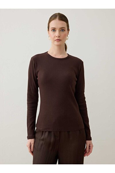 Refka Tricou de damă basic din bumbac cu decolteu rotund - Maro amar -