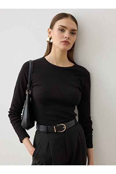 Refka Cotton Crew Neck Basic Women's T-Shirt - Black -